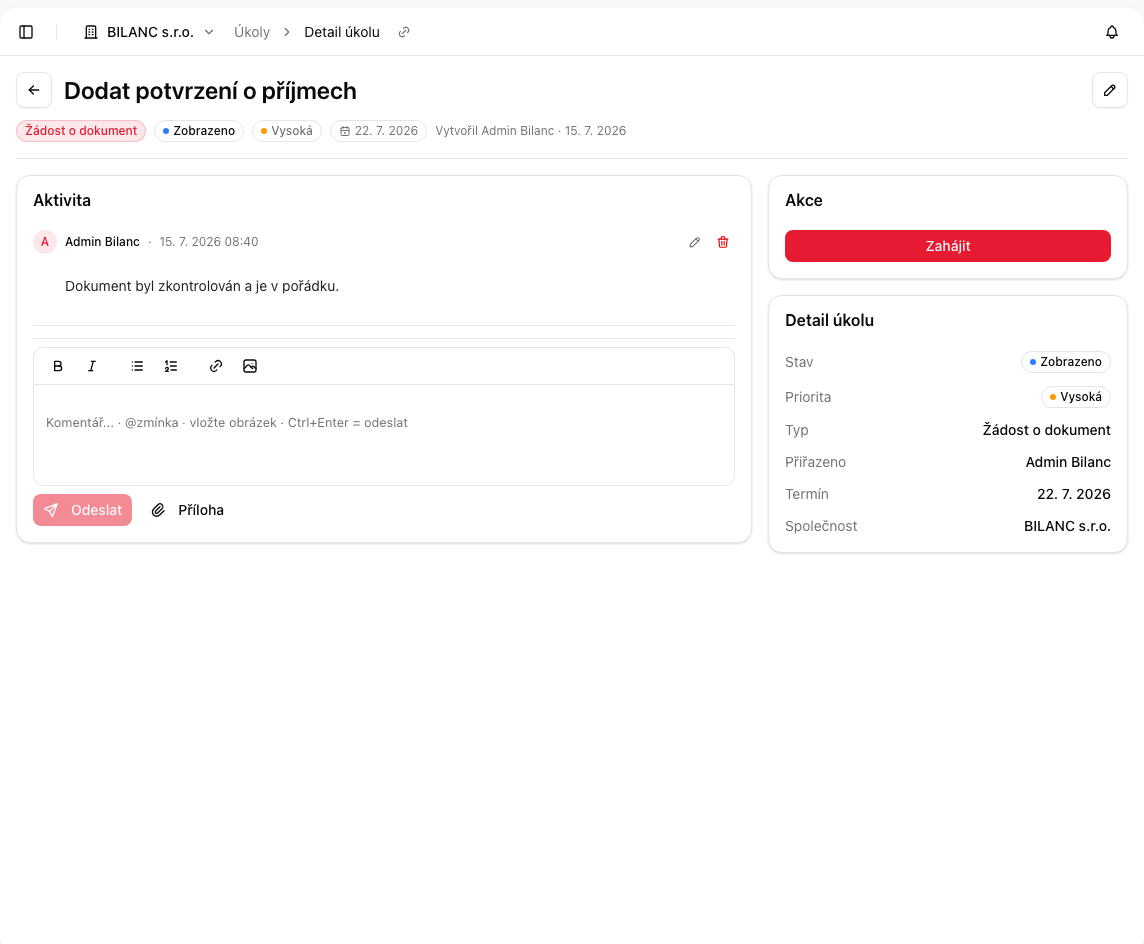 Úkol s komentáři a zmínkami mezi účetní a klientem